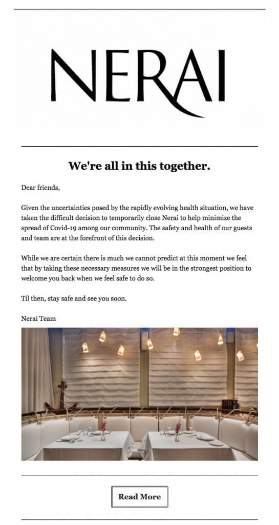 Letter explaining temporary closure but looking forward to welcoming guests back again one day soon