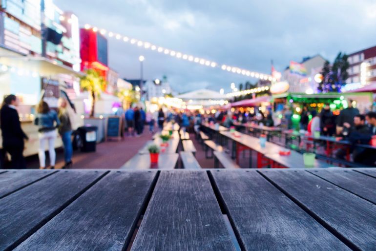 Photograph overlooking a food truck festival