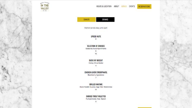 Webpage with dinner and drinks menu