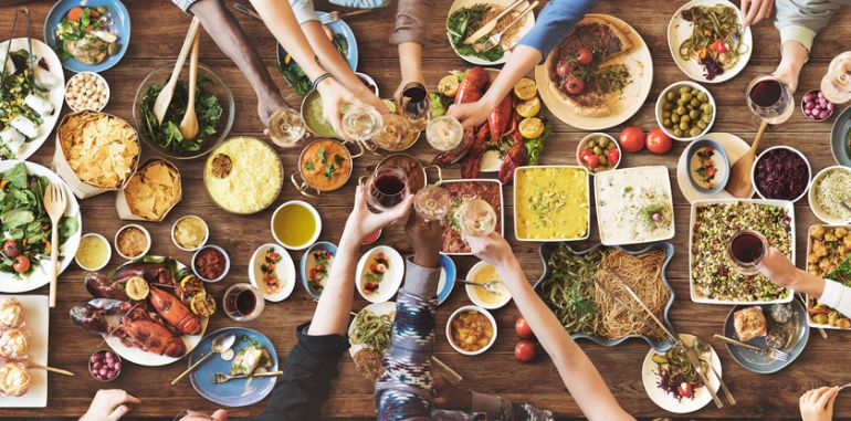 bird's eye view of a table set with lots of dishes