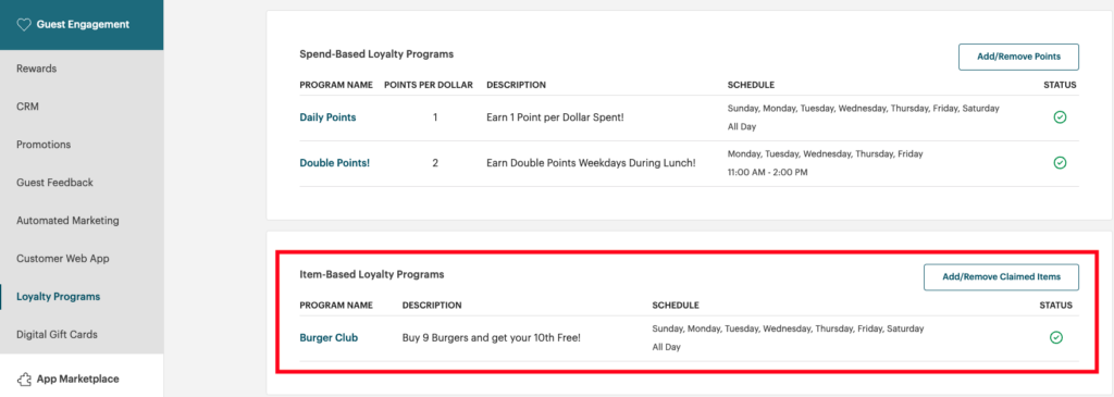 A screenshot of TouchBistro Loyalty showing how to set up a Burger Club reward program.