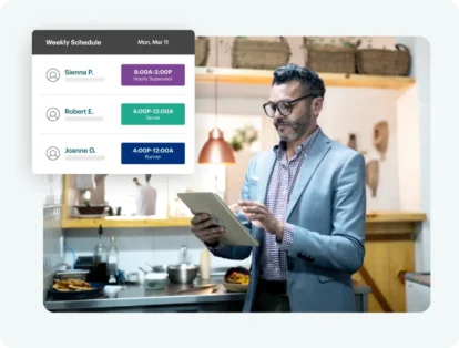 A screenshot of the Labor Management software as well as an image of man looking at his iPad